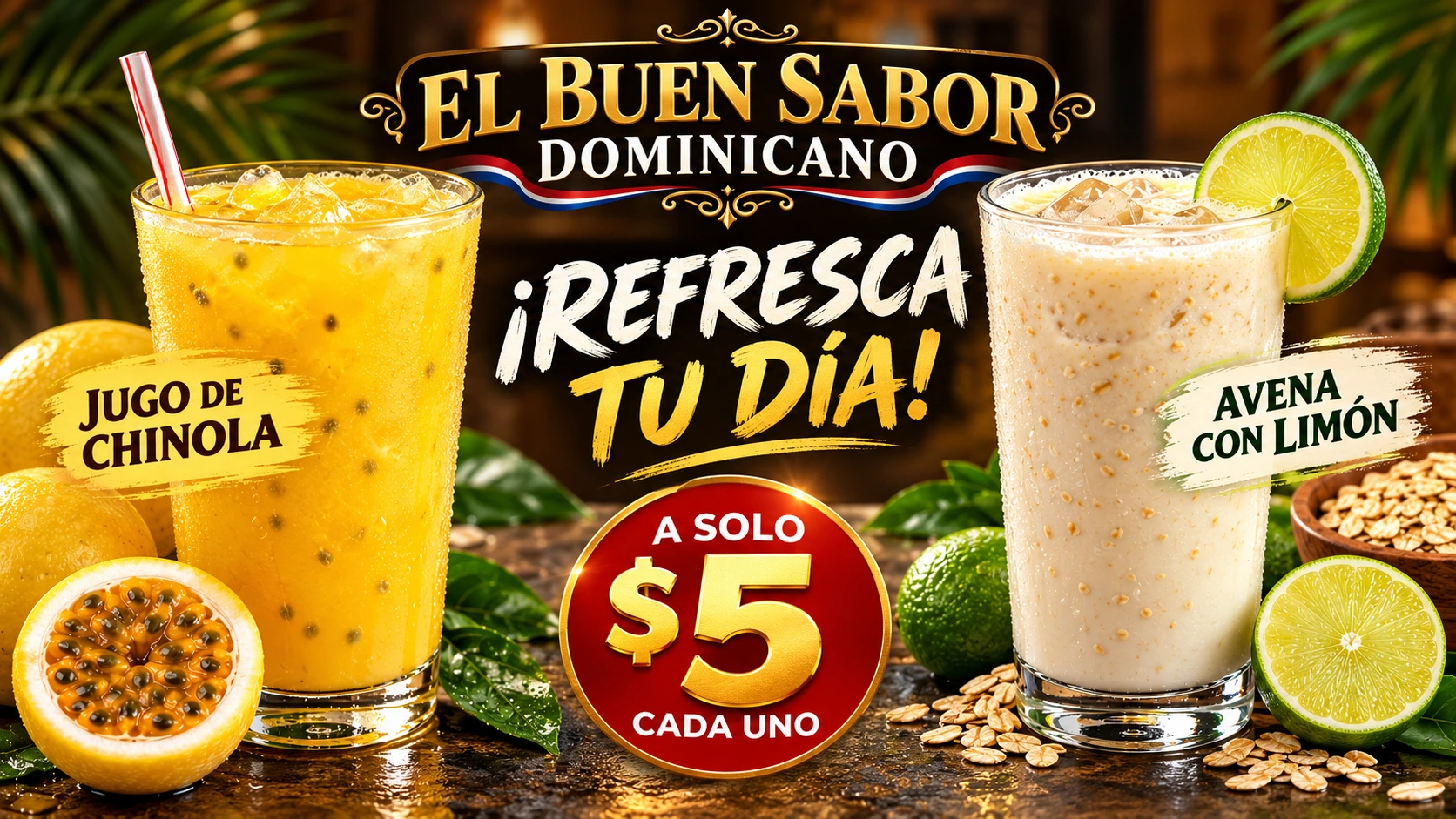 Promoción El Buen Sabor Dominicano: jugo de chinola y avena con limón, cinco dólares cada uno