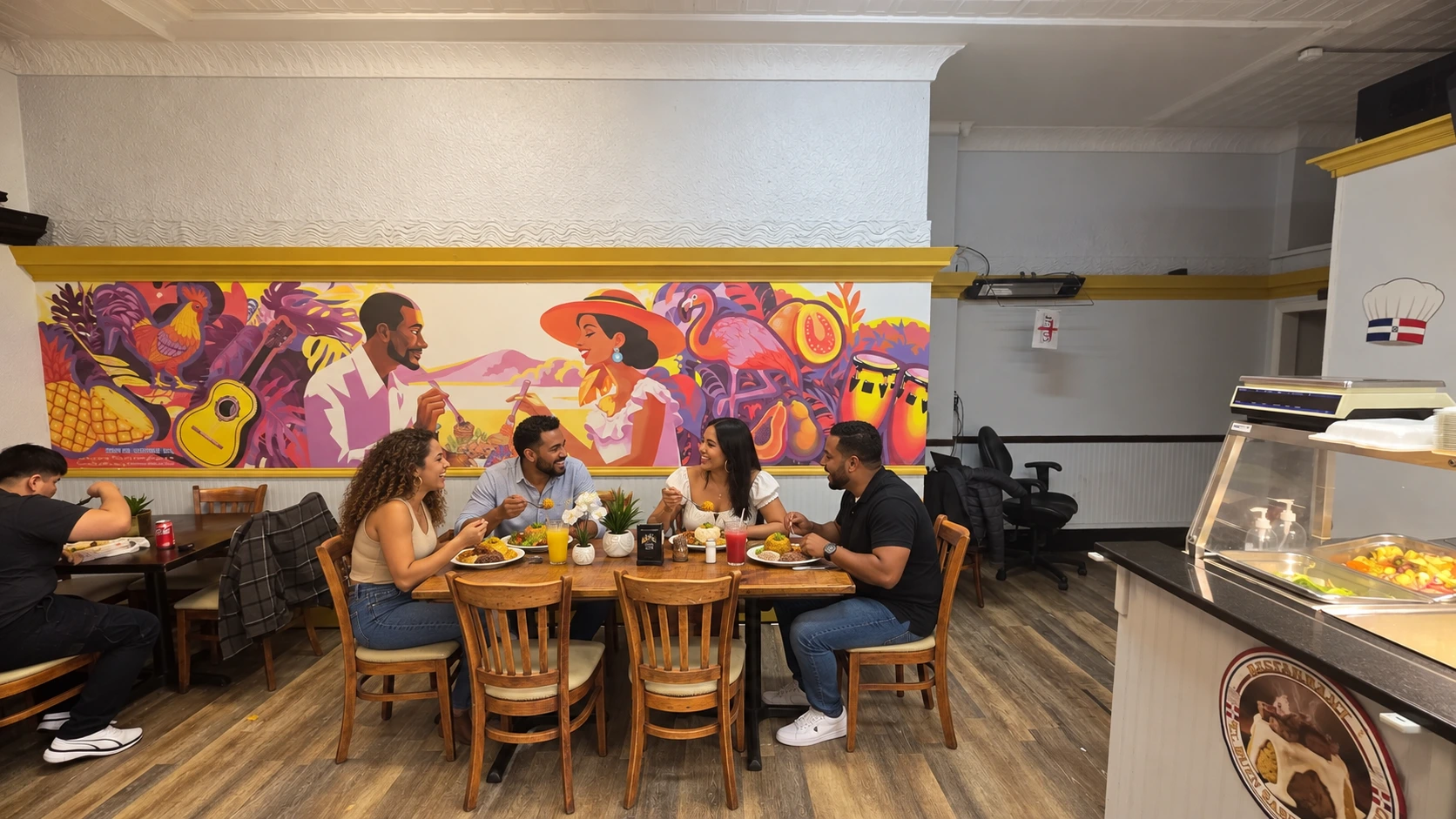 Personas compartiendo frente al mural dominicano; imagen editada con IA